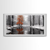 Orange Tree, Snow Forest, Winter River, Autumn Contrast, Canvas Print, Fall Wall Decor, Living Room Art, Nature Photography, Moody Art