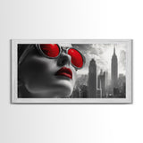Red Lips, Urban Glam, High Fashion, City Vibes – Framed Canvas Print, Modern Pop Art, Living Room Wall Art, Bold Aesthetic, Edgy Decor
