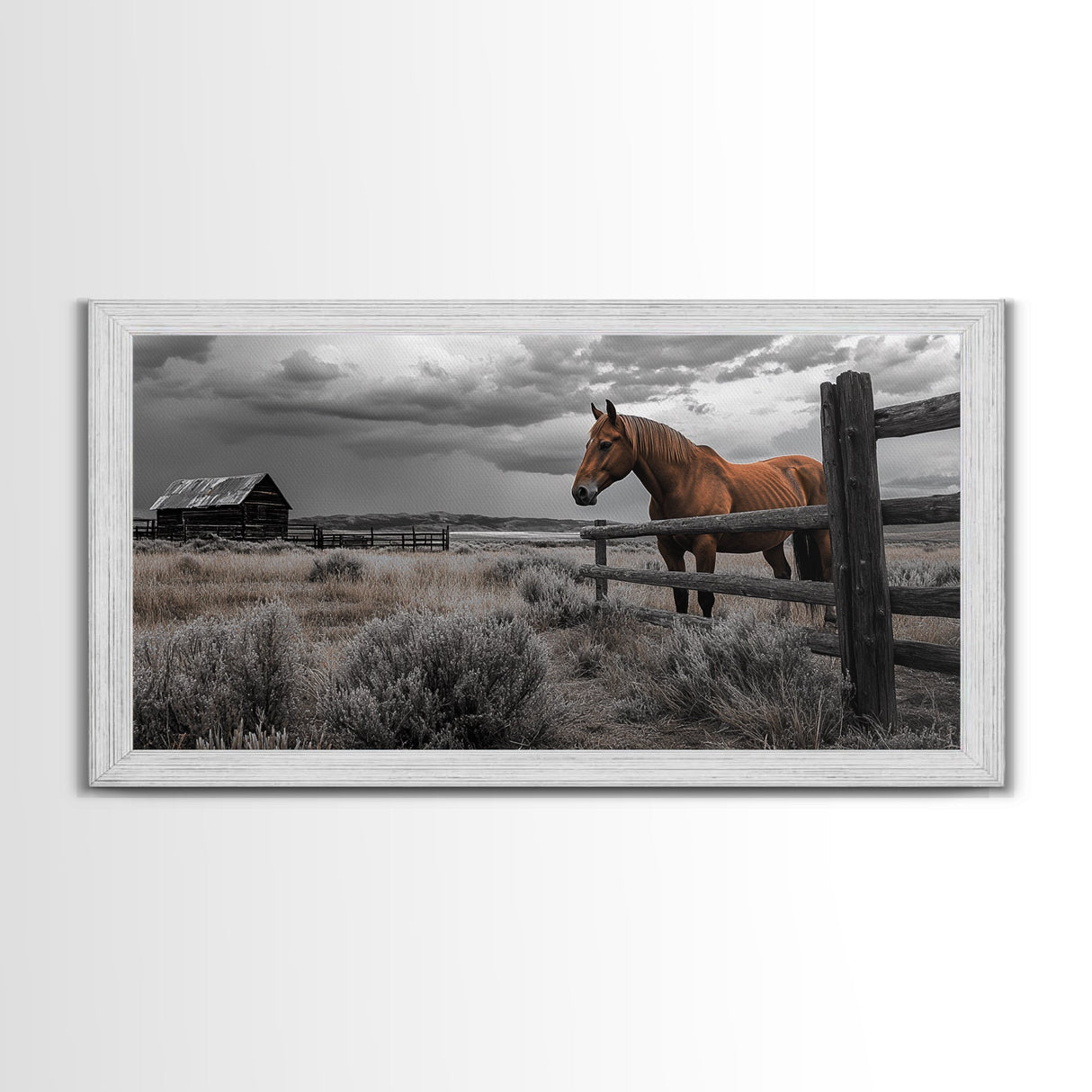 Rustic Horse, Country Fence, Western Scene, Moody Skies – Framed Canvas Print, Farmhouse Wall Art, Autumn Decor, Cabin Living, Cowboy Vibe