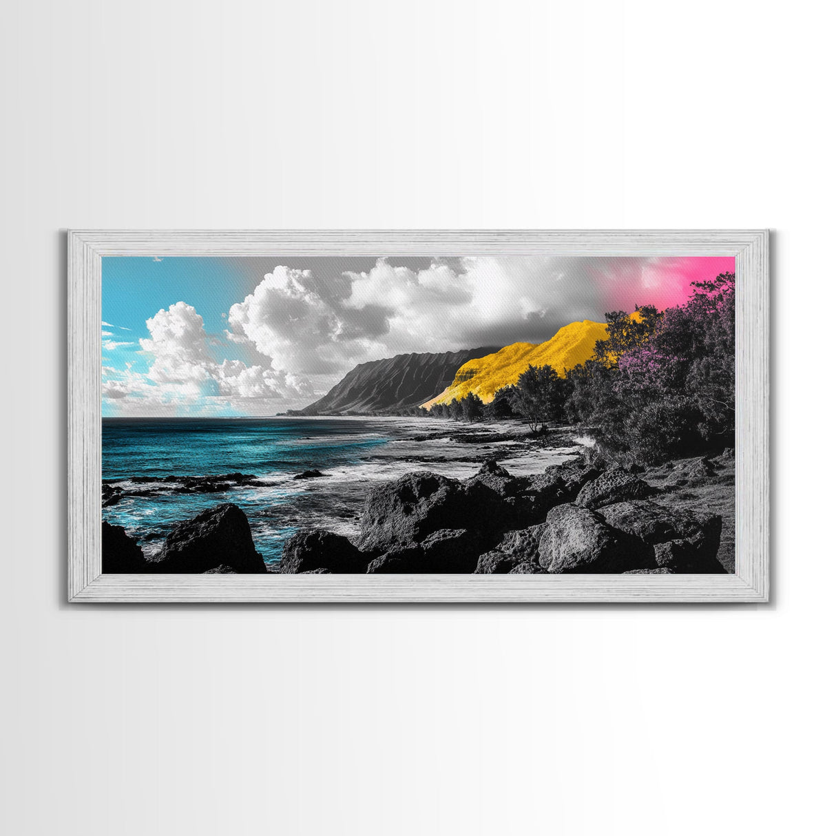 Vibrant Coastline, Yellow Cliff, Blue Ocean, Tropical Escape – Framed Canvas Print, Beach Wall Art, Boho Decor, Hawaii Inspired Room Vibe