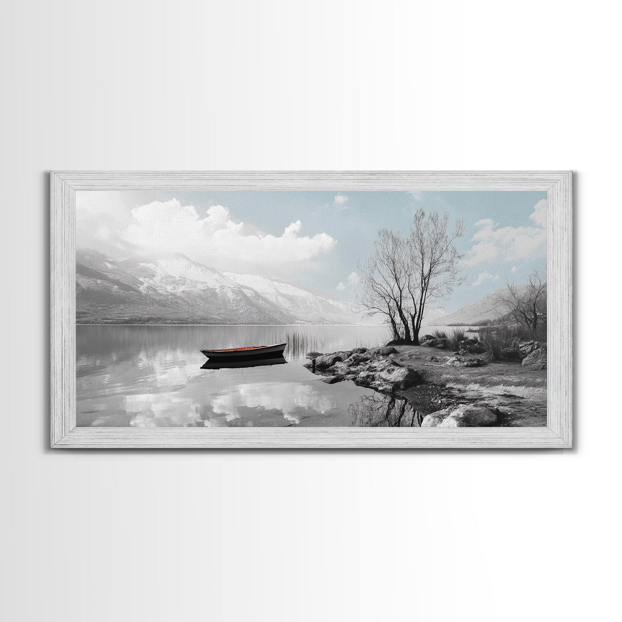 Solitary Boat, Alpine Lake, Tranquil Shore, Winter Silence – Canvas Print, Minimalist Wall Art, Bedroom Decor, Scandinavian Aesthetic