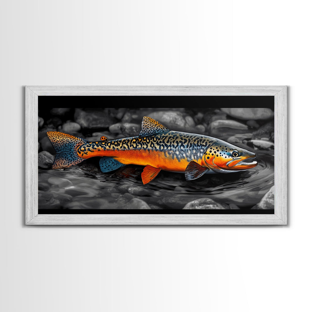 Rainbow Trout, Colorful Fish, Bold Patterns, River Stream – Framed Canvas Print, Fishing Wall Art, Cabin Decor, Rustic Wildlife