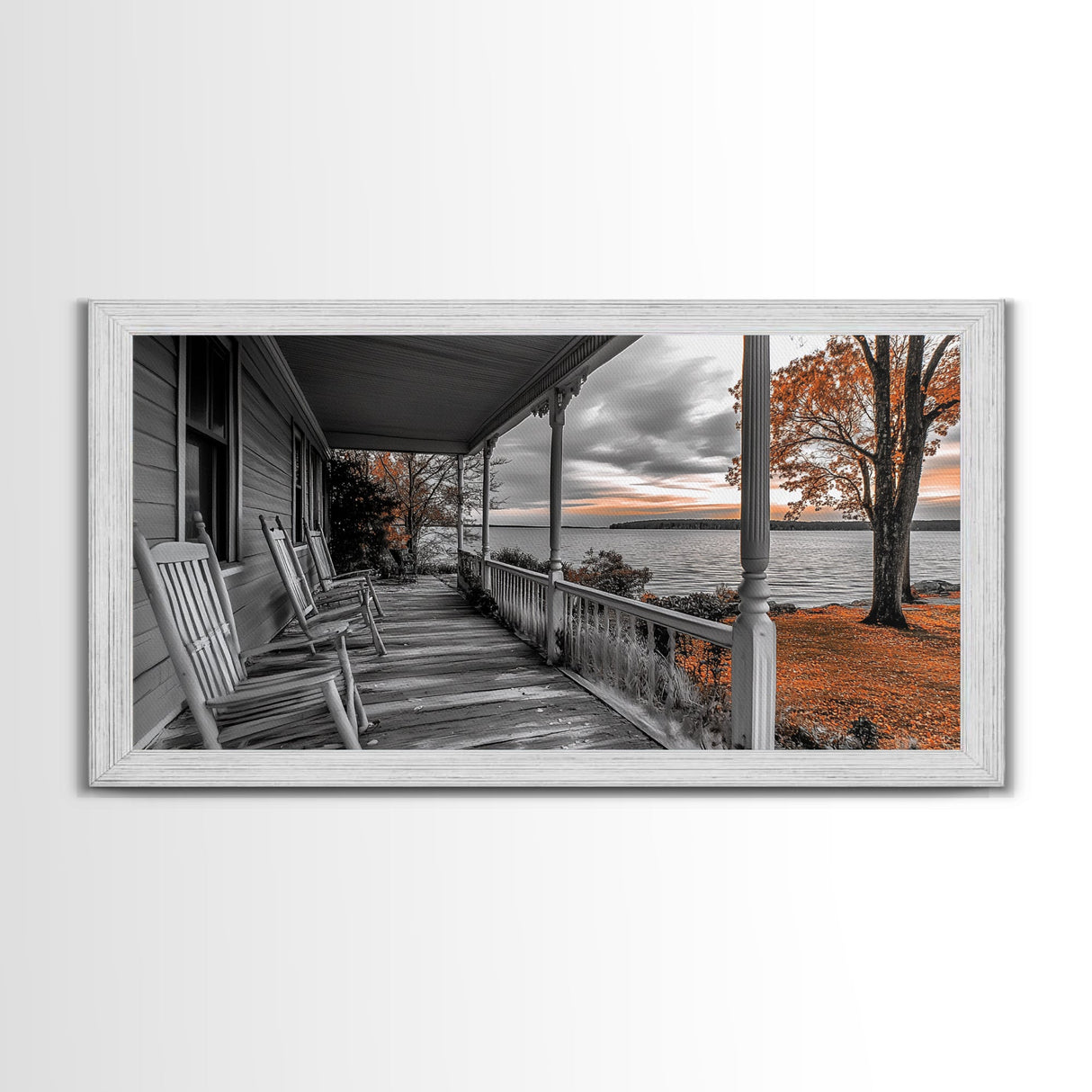 Lake Porch, Autumn Trees, Rocking Chairs, Sunset Serenity – Canvas Print, Fall Wall Art, Country Home Decor, Rustic Americana Landscape