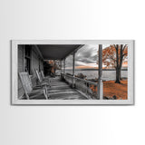 Lake Porch, Autumn Trees, Rocking Chairs, Sunset Serenity – Canvas Print, Fall Wall Art, Country Home Decor, Rustic Americana Landscape
