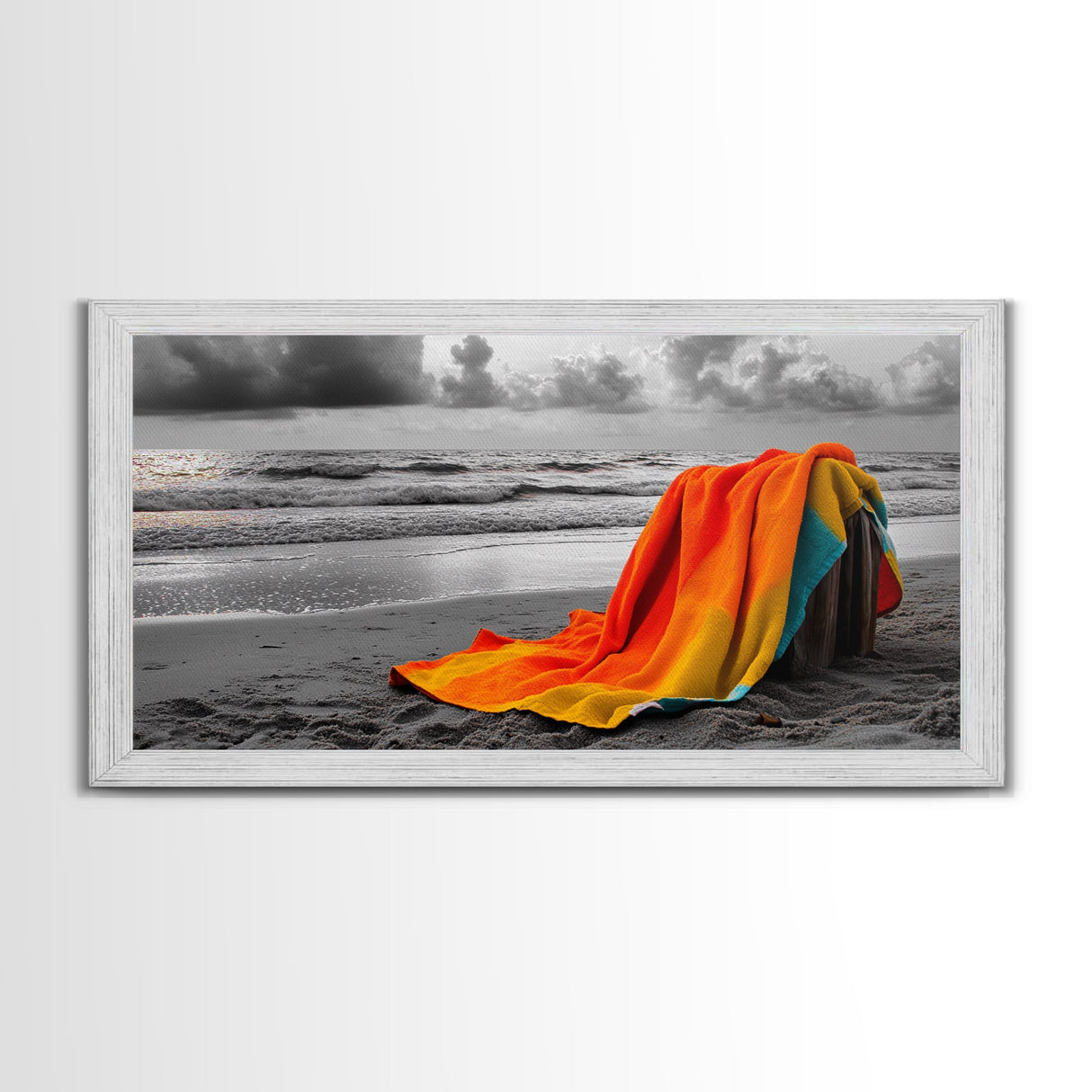 Towel Beach, Ocean Breeze, Coastal Comfort, Relaxing Seascape, Framed Canvas Print, Bathroom Wall Art, Bold Colors, Summer Vibes