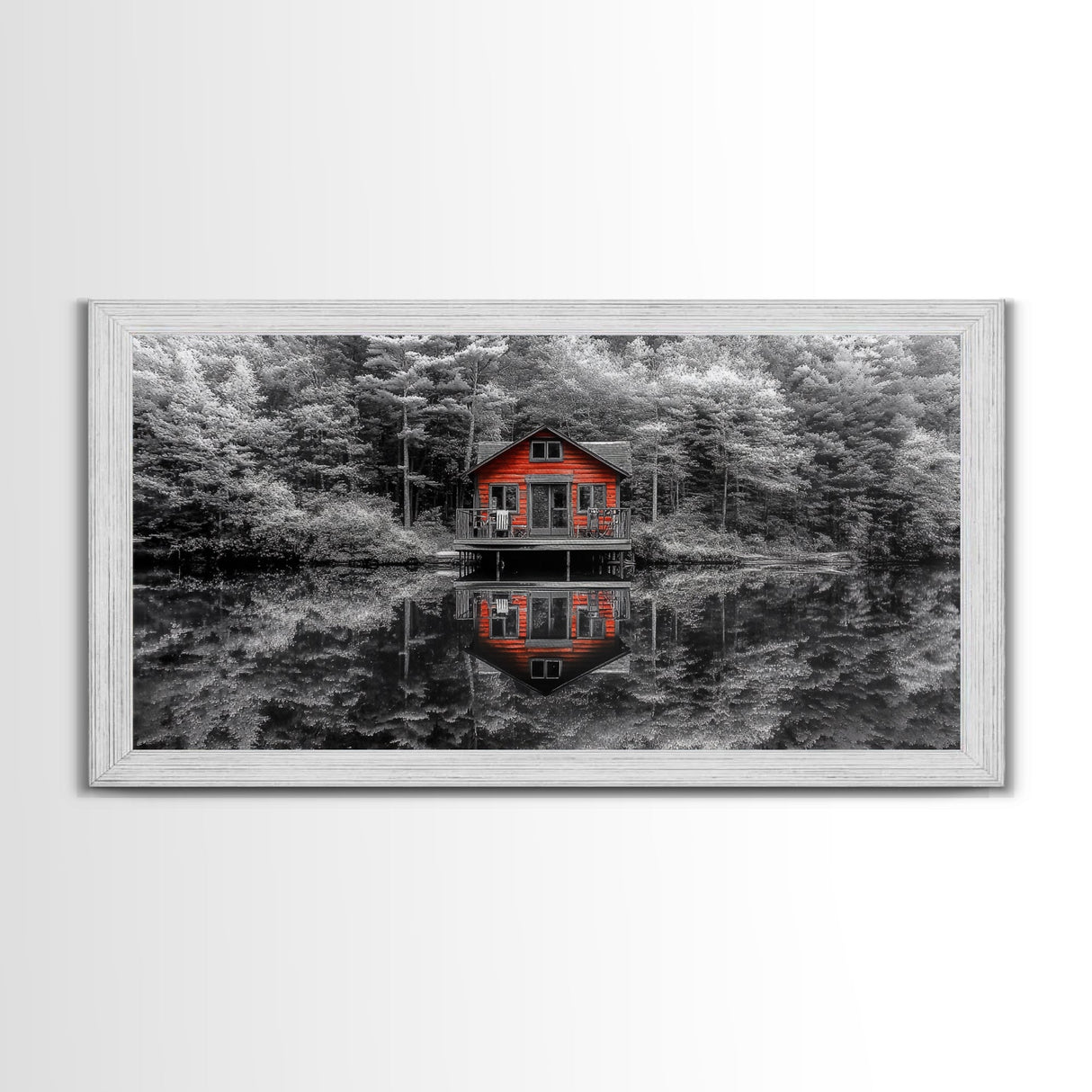 Red Cabin, Lake Reflection, Autumn Escape, Forest Retreat, Framed Canvas Print, Rustic Wall Art, Cabin Decor, Fall Living Room Artwork