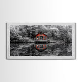 Red Cabin, Lake Reflection, Autumn Escape, Forest Retreat, Framed Canvas Print, Rustic Wall Art, Cabin Decor, Fall Living Room Artwork
