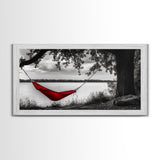 Red Hammock, Lakeside View, Tranquil Nature, Tree Shade, Framed Canvas Print, Boho Wall Art, Bedroom Decor, Relaxing Forest Landscape