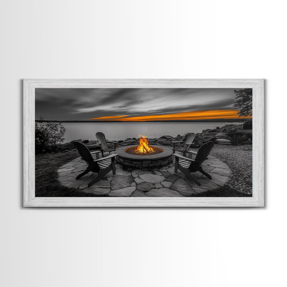 Fire Pit, Sunset Glow, Adirondack Chairs, Lake View, Framed Canvas Print, Fall Wall Art, Rustic Decor, Cozy Living Room Wall Accent