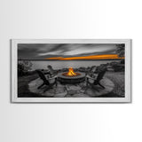 Fire Pit, Sunset Glow, Adirondack Chairs, Lake View, Framed Canvas Print, Fall Wall Art, Rustic Decor, Cozy Living Room Wall Accent