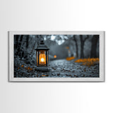 Lantern Glow, Forest Trail, Autumn Leaves, Soft Light, Framed Canvas Print, Fall Wall Art, Rustic Entryway Decor, Nature Photography Print