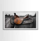 Western Saddle, Leather Detail, Horseback Art, Rustic Charm, Framed Canvas Print, Cowboy Wall Art, Farmhouse Decor, Equestrian Living Room