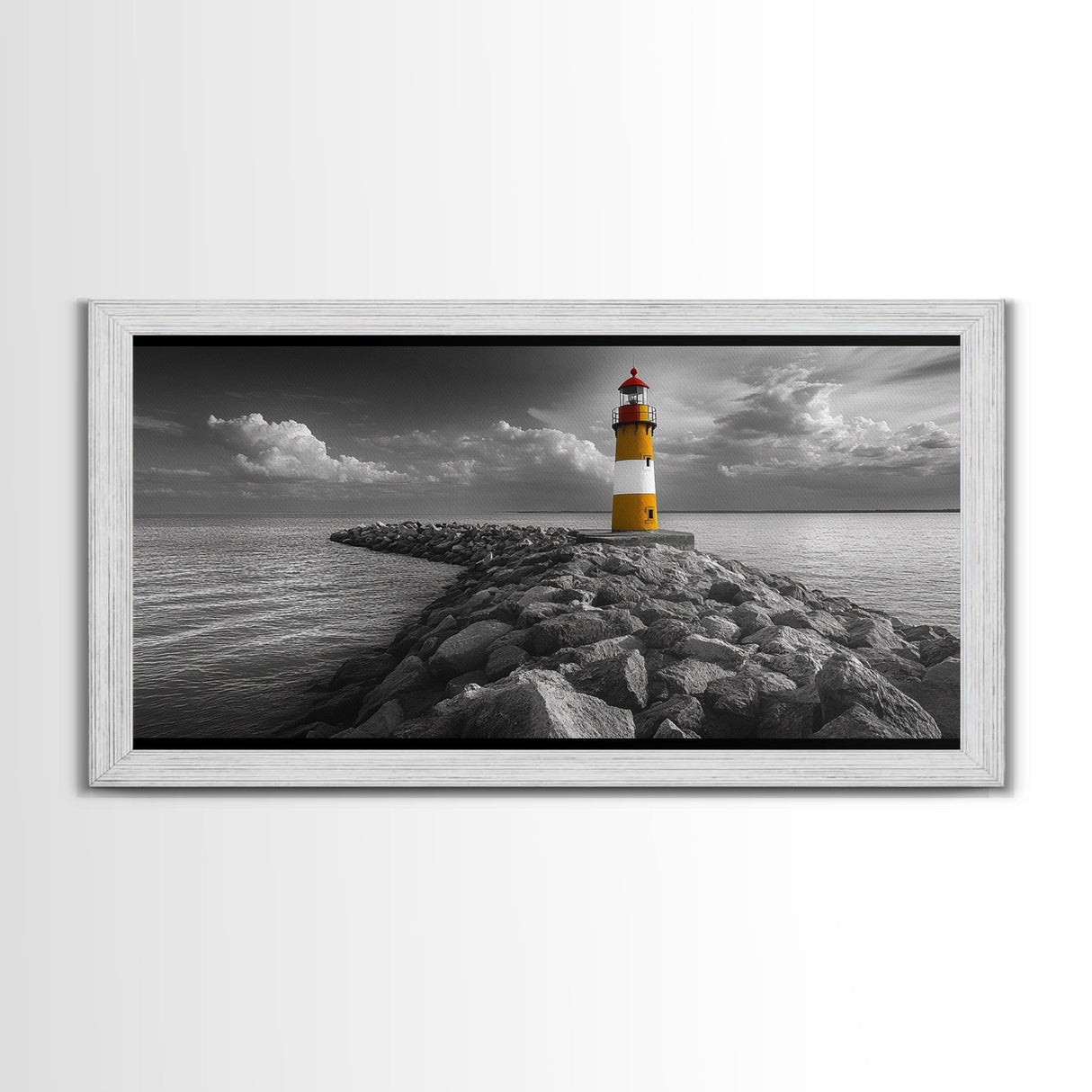Yellow Lighthouse, Stone Jetty, Coastal Clouds, Nautical Scene, Framed Canvas Print, Coastal Wall Art, Office Decor, Lighthouse Photography