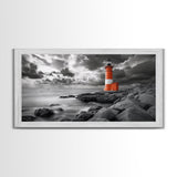 Red Lighthouse, Stormy Sea, Rocky Shore, Moody Coastal, Framed Canvas Print, Nautical Wall Art, Dramatic Bathroom Decor, Ocean Vibes