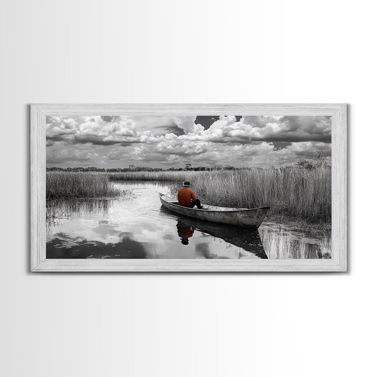Solitary Canoe, Peaceful Waters, Cloudy Sky, Red Shirt, Framed Canvas Print, Nature Explorer Gift, Cabin Wall Art, Rustic Fall Scene