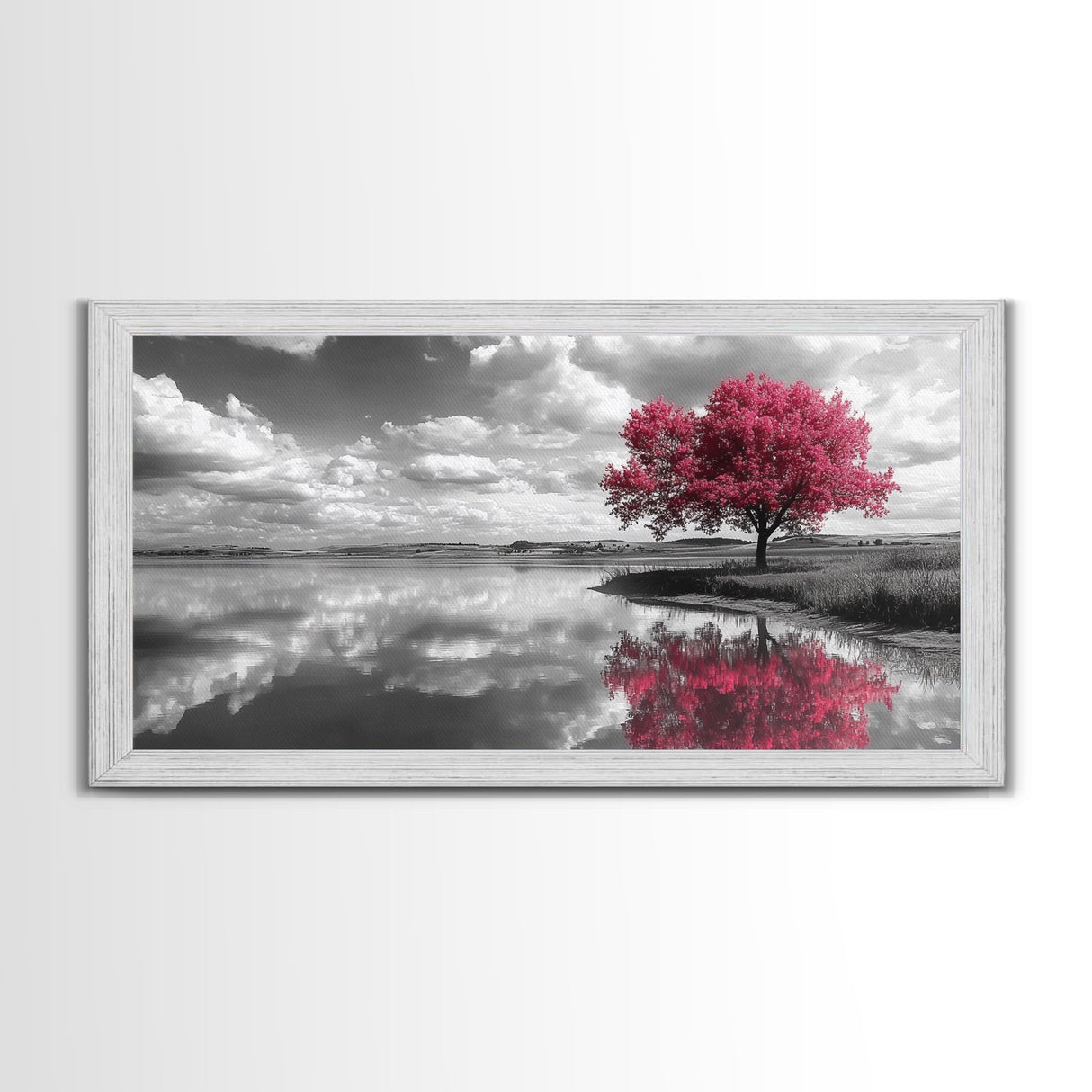 Pink Tree Reflections, Minimal Nature Art, Monochrome Landscape Canvas Print, Tranquil Bedroom or Living Room Wall Decor