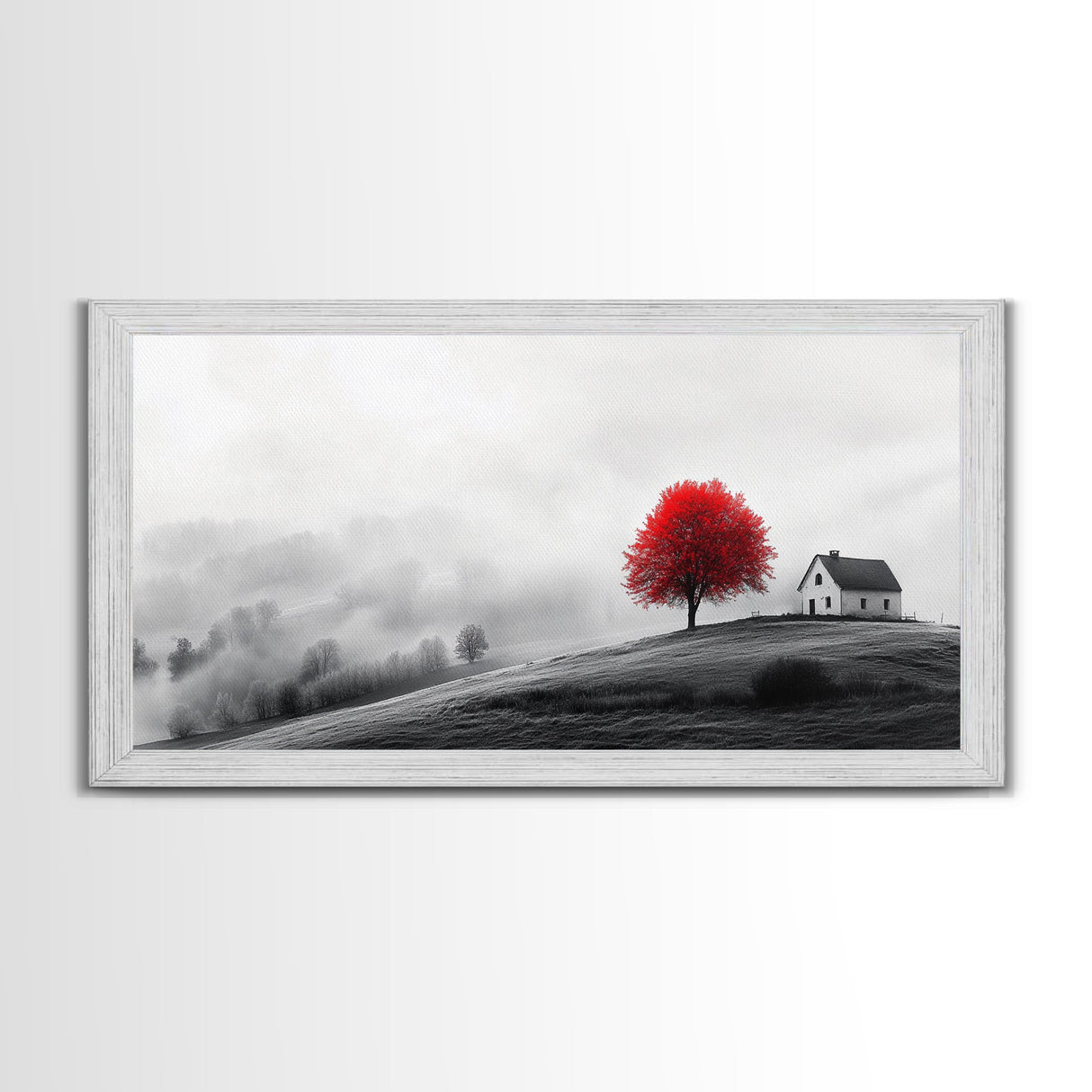 Red Tree Hilltop, Serene Winter Landscape, Peaceful Country Decor, Misty Morning Wall Art, Framed Canvas Print, Minimalist Bedroom Art