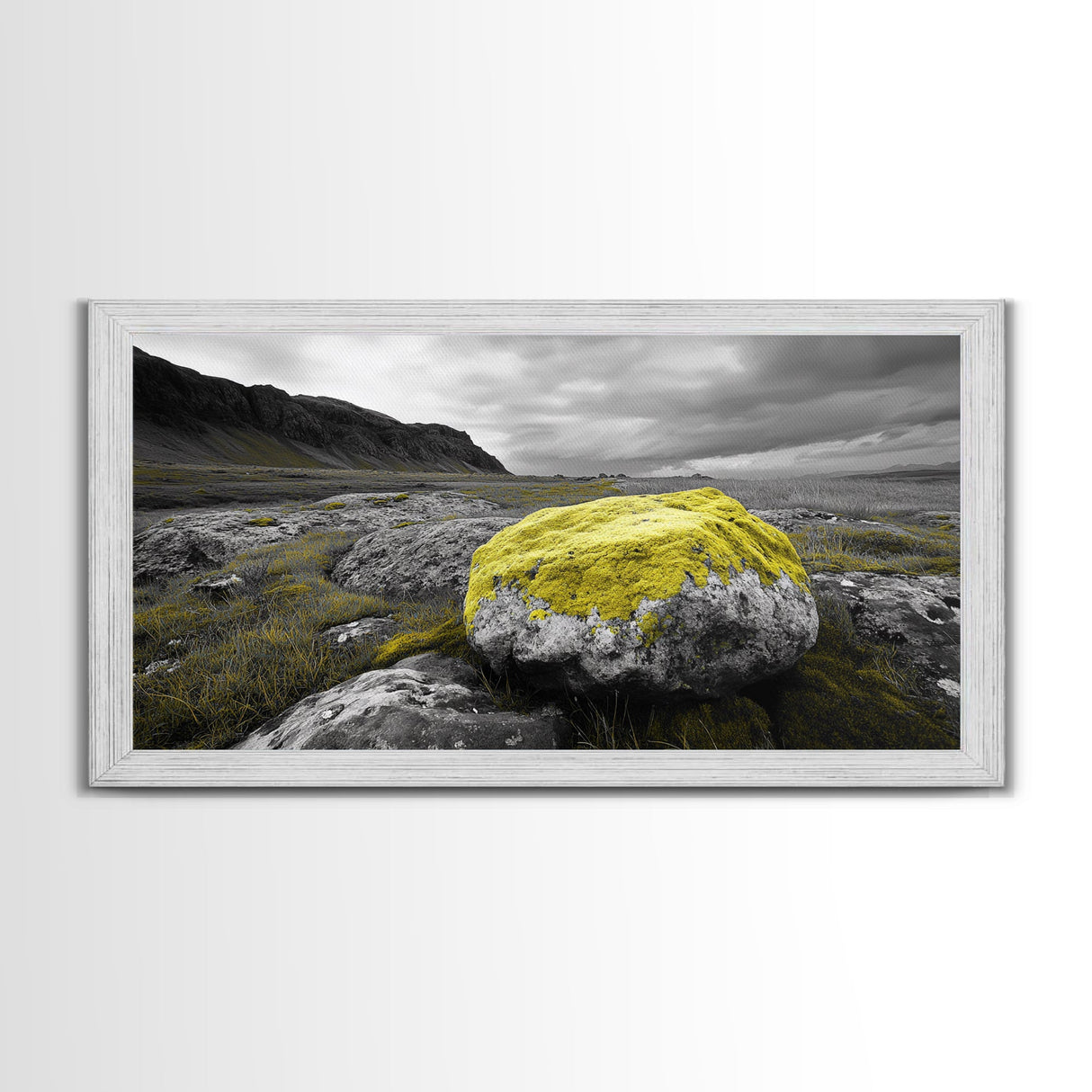 Yellow Moss Rock, Moody Nature Photography, Icelandic Landscape Art, Wilderness Inspired Canvas Print, Rustic Cabin Wall Decor