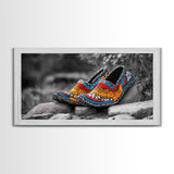 Native Beaded Shoes, Color Pop, Bohemian Style, Tribal Art, Framed Canvas Print, Rustic Wall Art, Entryway Decor, Ethnic Home Accent