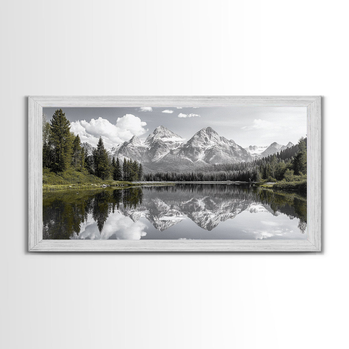 Serene Lake, Snowy Peaks, Forest Reflection, Canvas Print, Nature Photography, Modern Living Room Art, Black White Green Decor