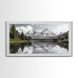 Serene Lake, Snowy Peaks, Forest Reflection, Canvas Print, Nature Photography, Modern Living Room Art, Black White Green Decor