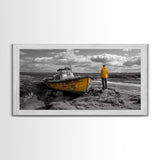 Yellow Boat, Lonely Man, Moody Shore, Framed Canvas Print, Coastal Wall Art, Nautical Decor, Masculine Home Office Style