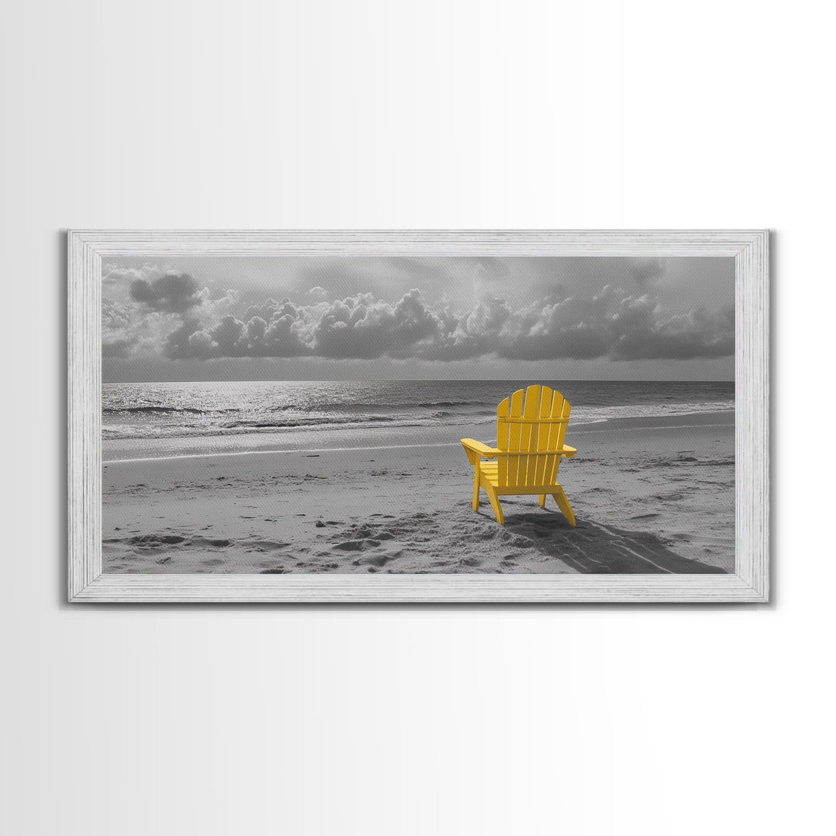 Yellow Chair, Tranquil Beach, Ocean Horizon, Canvas Print, Minimalist Beach Wall Art, Guest Room Decor, Calm Coastal Scene