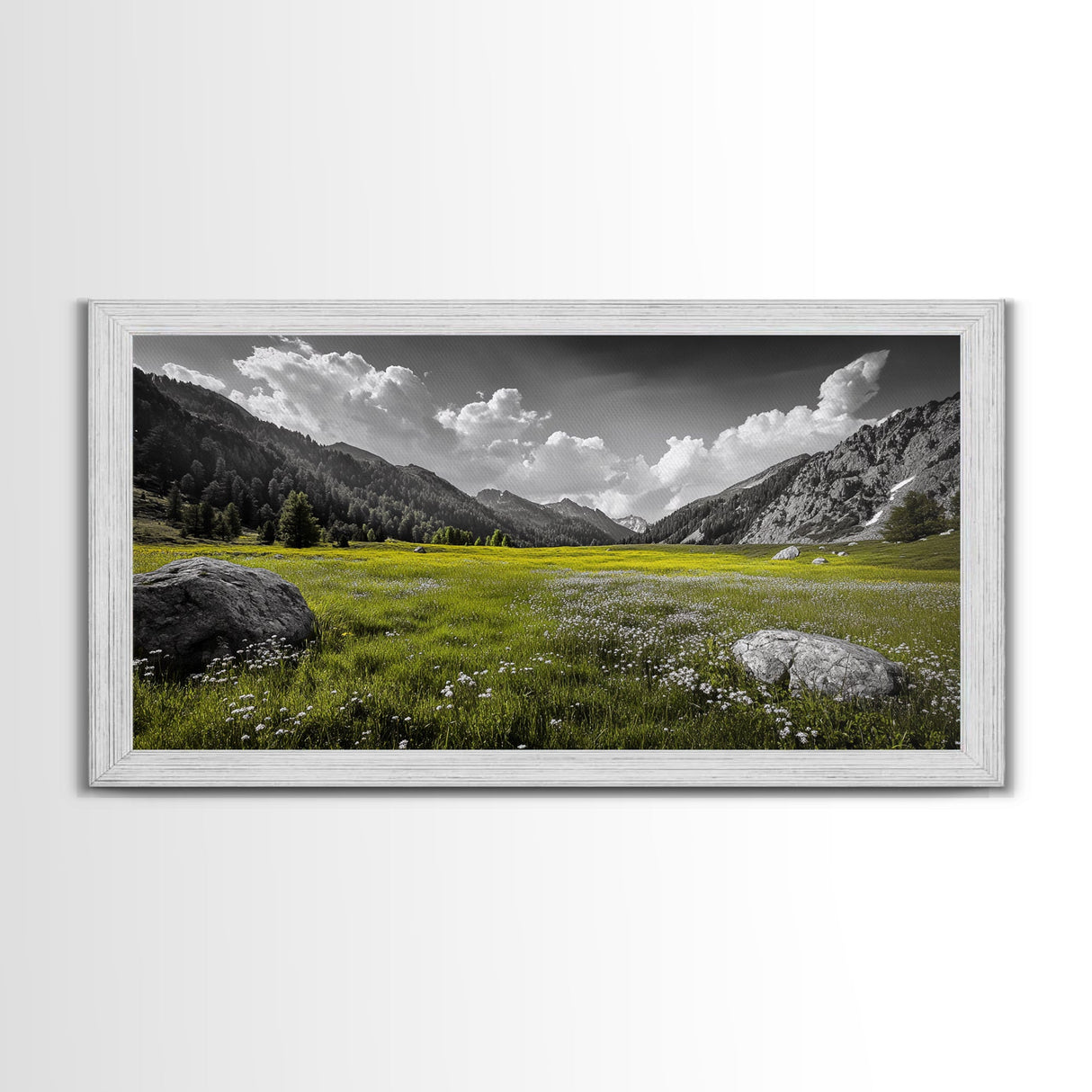 Mountain Meadow, Alpine Landscape, Nature Photography, Wildflower Field, Framed Canvas Print, Bedroom Wall Art, Summer Vibes, Scenic Escape