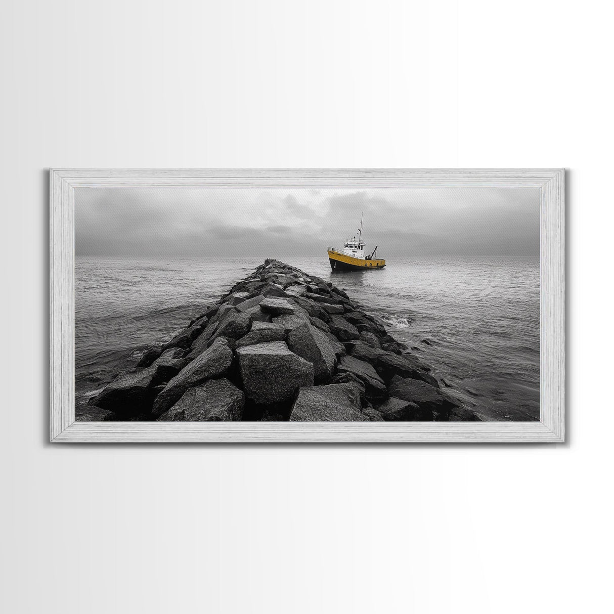 Ship At Sea, Yellow Boat, Ocean Journey, Nautical Photography, Canvas Print, Coastal Wall Art, Bathroom Decor, Minimalist Ocean Art
