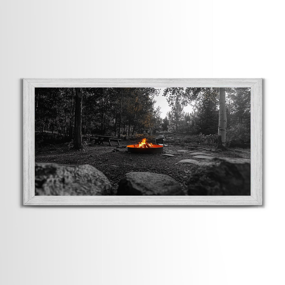 Forest Campfire, Glowing Flames, Outdoor Retreat, Cozy Autumn, Framed Canvas Print, Rustic Wall Decor, Fall Living Room Art, Nature Scene