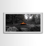 Forest Campfire, Glowing Flames, Outdoor Retreat, Cozy Autumn, Framed Canvas Print, Rustic Wall Decor, Fall Living Room Art, Nature Scene
