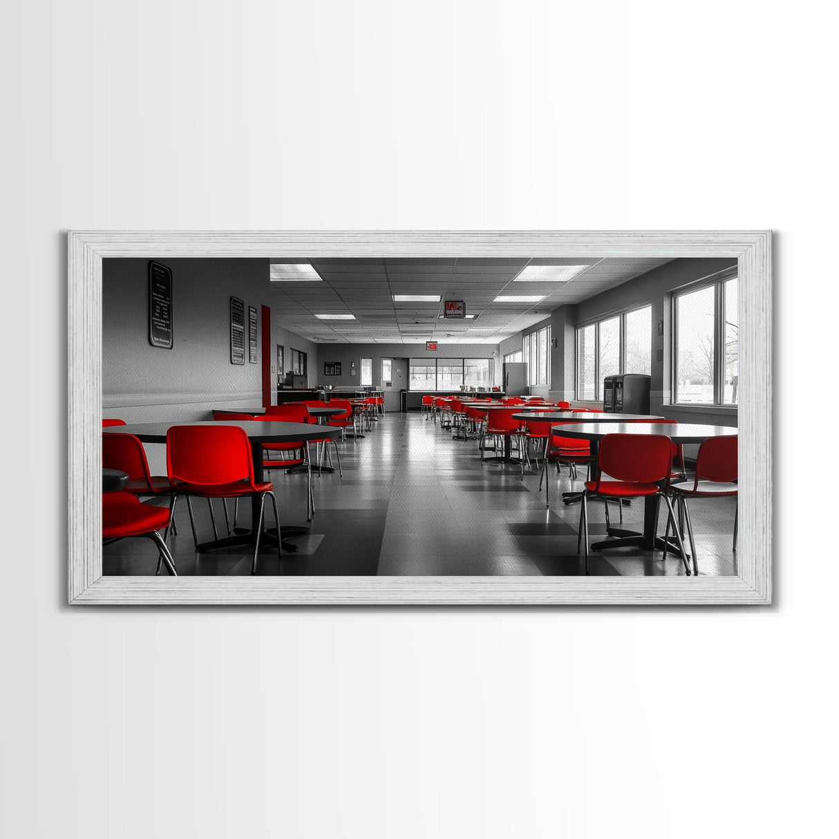 Red Chairs, Modern Cafeteria, Retro Seating, Pop Color Dining, Canvas Print, Kitchen Wall Art, Urban Minimalism, Bold Office Decor