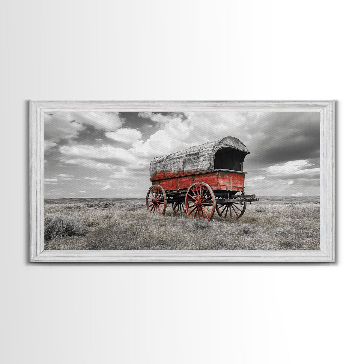 Prairie Red Wagon, Old West Scene, Framed Canvas Print, Rustic Wall Decor, Western Style Art, Living Room Accent, Cowboy Nostalgia