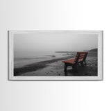 Red Bench Fog, Moody Coastal Morning, Framed Canvas Print, Minimalist Beach Wall Art, Modern Entryway Decor, Black and White Vibes