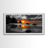 Sunset Beach, Fiery Sky, Ocean Glow, Moody Seascape, Framed Canvas Print coastal living room wall art, dramatic sunset photography