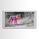 Neon Fox Portrait, Vibrant Wildlife Path Scene, Bright Nature Animal, Framed Canvas Print, Bedroom Wall Art, Psychedelic Animal Style