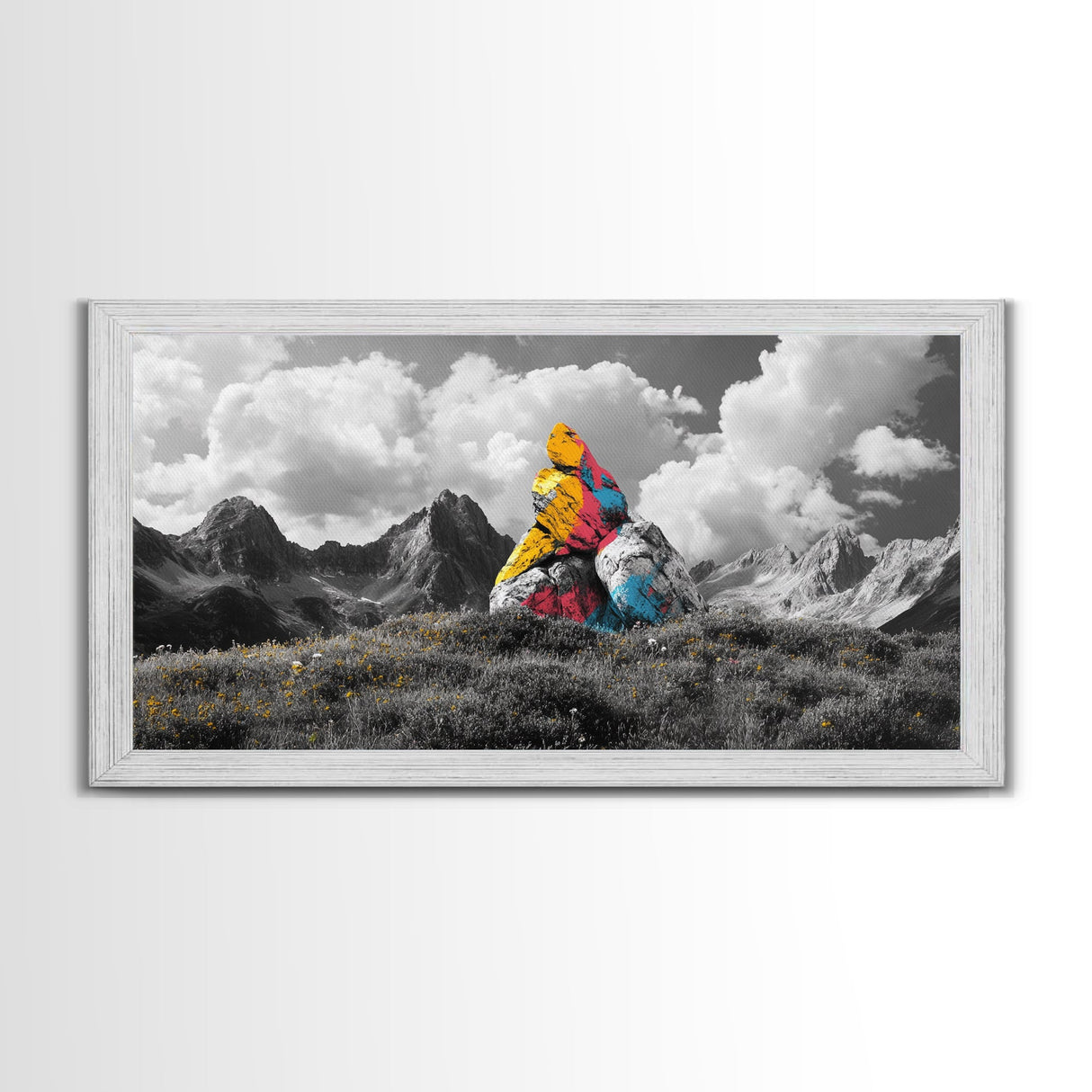 Painted Mountain Rocks, Colorful Nature Landscape, Bold Abstract Peaks, Framed Canvas Print, Living Room Wall Art, Modern Rustic Style