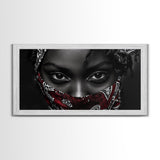 Fierce Eyes, Red Bandana, Bold Portrait, Afro Art, Framed Canvas Print, Bedroom Wall Art, Powerful Gaze, Monochrome With Red Accent