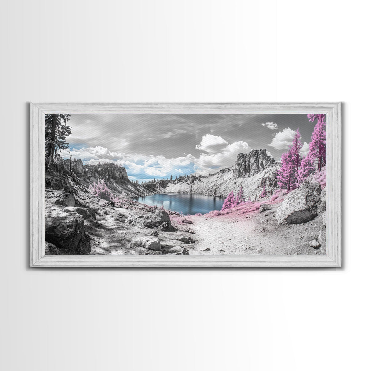 Surreal Landscape, Pink Trees, Mountain Lake, Framed Canvas Print, Fantasy Nature Art, Dreamy Decor, Bedroom Wall Art, Nature Surrealism