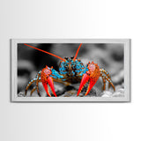 Vibrant Lobster, Red Blue, Sea Creature, Framed Canvas Print, Coastal Kitchen Wall Art, Ocean Wildlife, Nautical Bathroom Decor, Pop Art