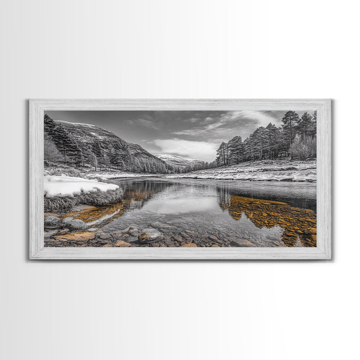 Snow River Scene, Winter Landscape, Peaceful Stream, Framed Canvas Print, Rustic Cabin Decor, Nature Wall Art, Minimalist Winter Aesthetic