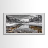 Snow River Scene, Winter Landscape, Peaceful Stream, Framed Canvas Print, Rustic Cabin Decor, Nature Wall Art, Minimalist Winter Aesthetic