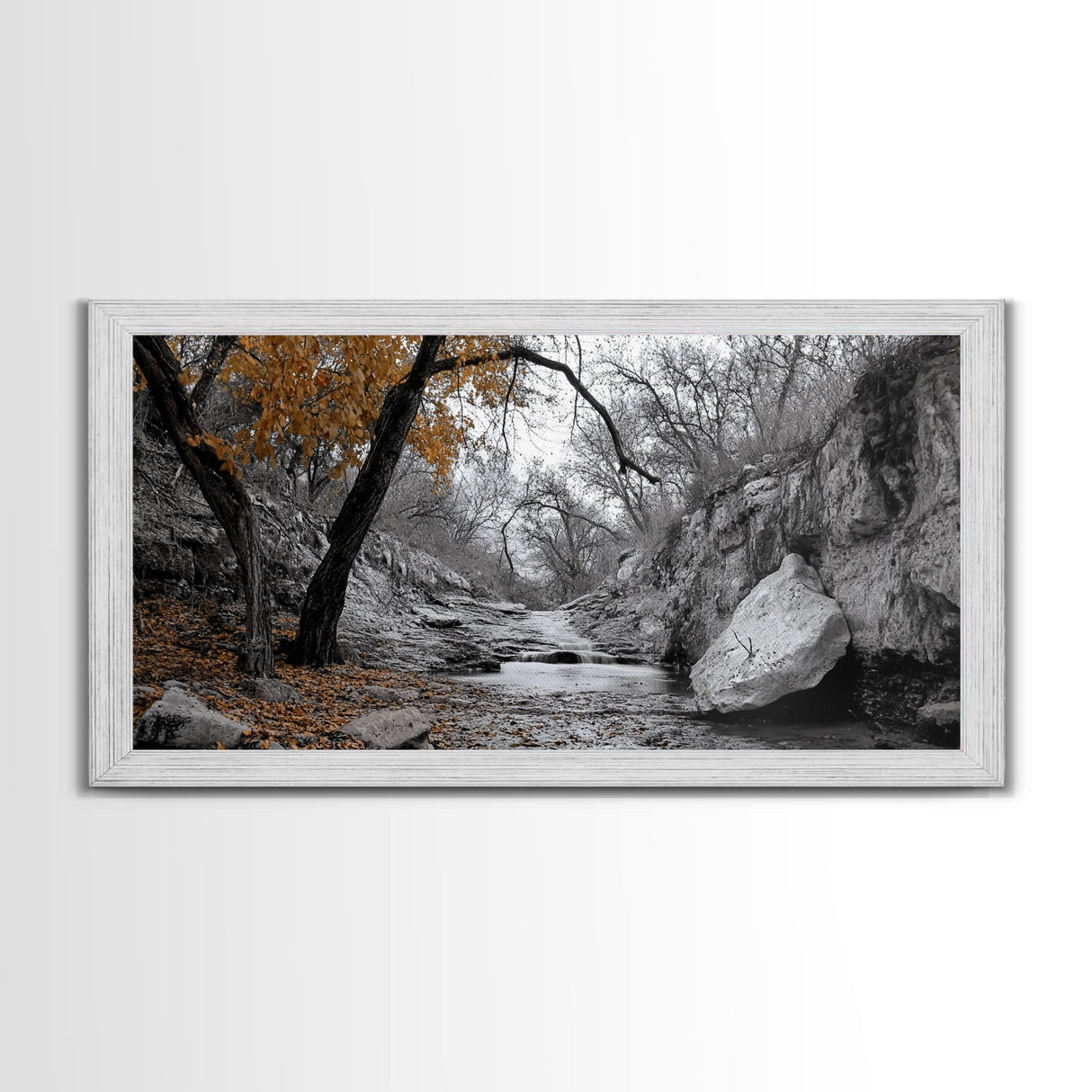 Autumn Stream, Orange Leaves, Waterfall Path, Framed Canvas Print, Fall Wall Art, Rustic Living Room Decor, Seasonal Nature Photography