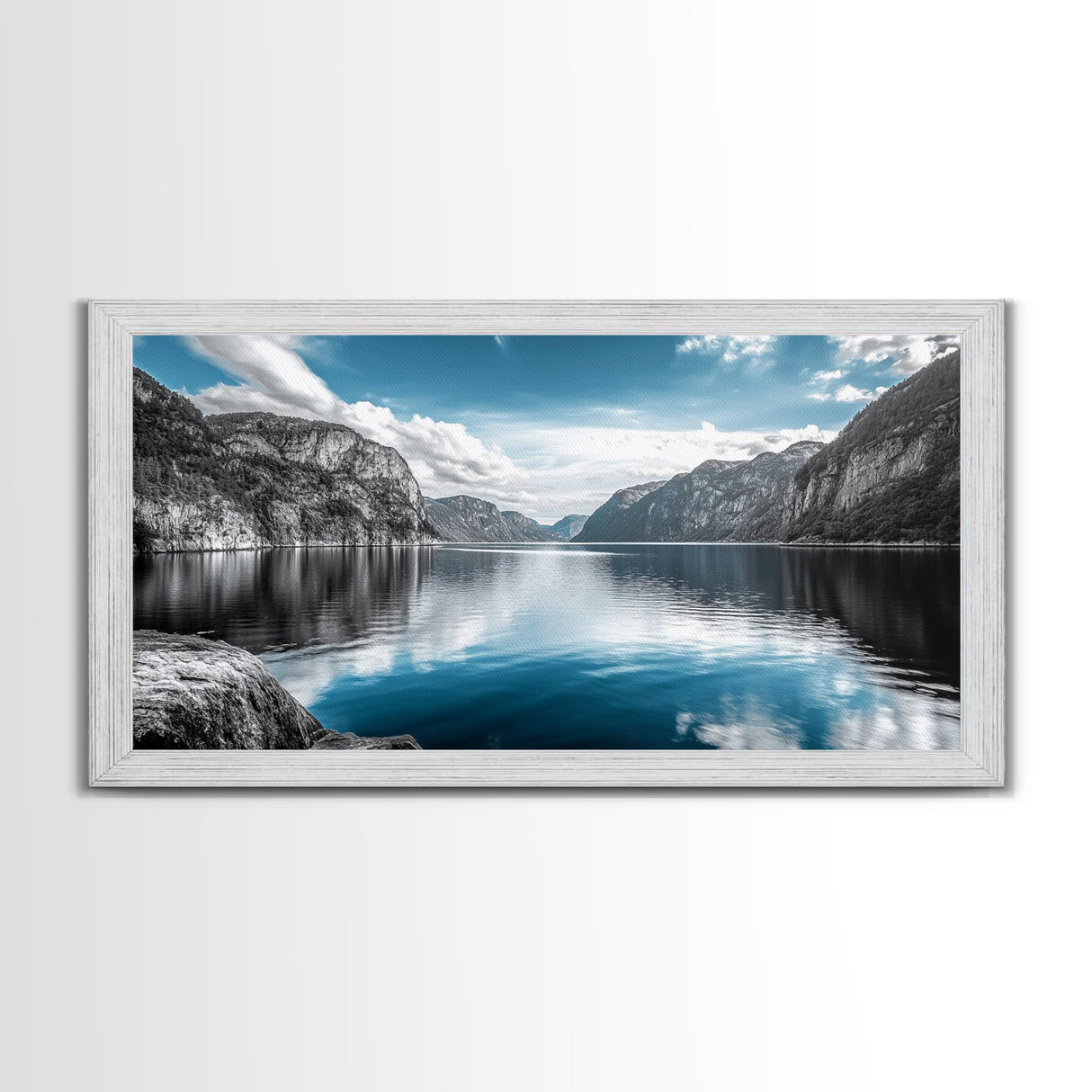 Mountain Lake, Blue Water, Fjord View, Canvas Print, Scandinavian Landscape, Calm Nature Wall Art, Office or Bedroom Modern Decor