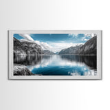 Mountain Lake, Blue Water, Fjord View, Canvas Print, Scandinavian Landscape, Calm Nature Wall Art, Office or Bedroom Modern Decor