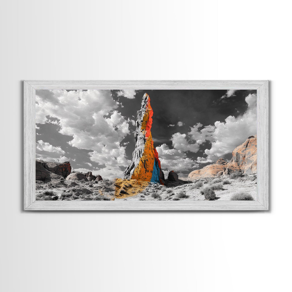 Color Rock Spire, Dramatic Sky, Desert Tower, Framed Canvas Print, Surreal Landscape Art, Southwest Decor, Living Room Adventure Vibe