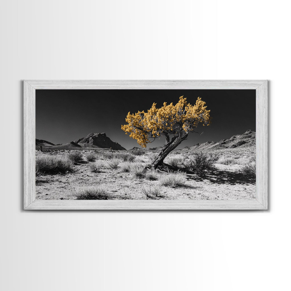 Golden Tree, Desert Landscape, Monochrome Background, Framed Canvas Print, Autumn Wall Art, Southwest Decor, Modern Boho Art Vibe