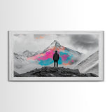 Rainbow Mountain, Vibrant Summit, Hiker Adventure, Canvas Print, Surreal Landscape Art, Wanderlust Wall Decor, Modern Office Artwork