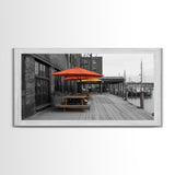 Urban Pier, Red Yellow Umbrellas, Waterfront Dining, Framed Canvas Print, Industrial Decor, Cafe Kitchen Wall Art, Cityscape Photography