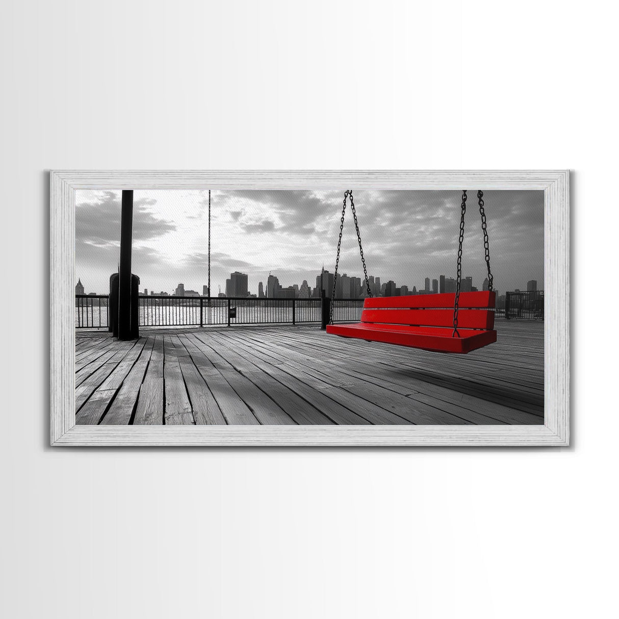 Red Swing, Skyline View, Urban Romance, Canvas Print, Cityscape Wall Art, Modern Minimalist Decor, Contemporary Bedroom Accent